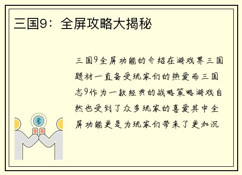 三国9：全屏攻略大揭秘